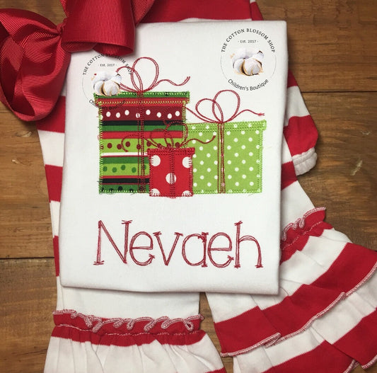 Girls monogrammed Christmas shirt, personalized christmas shirt, girl christmas shirt, christmas presents shirt, presents shirt, applique