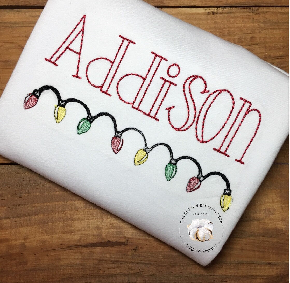 Girl's Christmas Monogrammed Shirt, Christmas Lights Monogrammed Shirt, christmas embroidered shirt, personalized name shirt