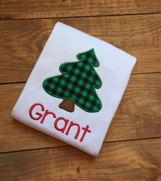 Boys Christmas shirt, personalized christmas shirt, monogrammed christmas shirt, plaid christmas tree shirt, christmas present shirt,name