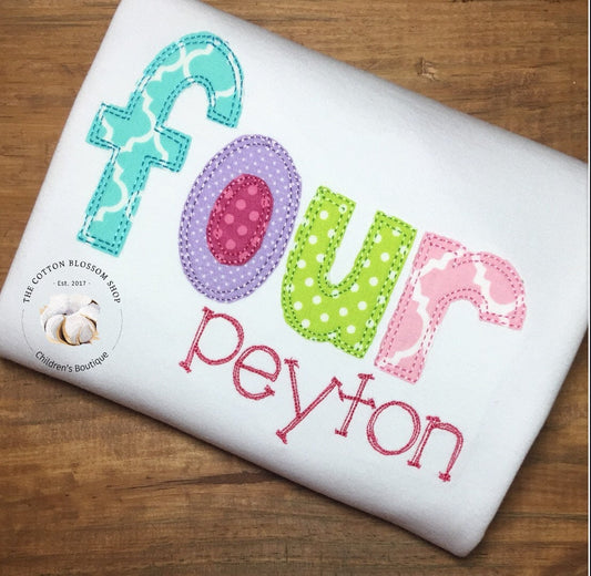 Girls pastel applique four birthday shirt, 4 year old birthday outfit, girls floral birthday four shirt, garden party birthday shirt, pastel
