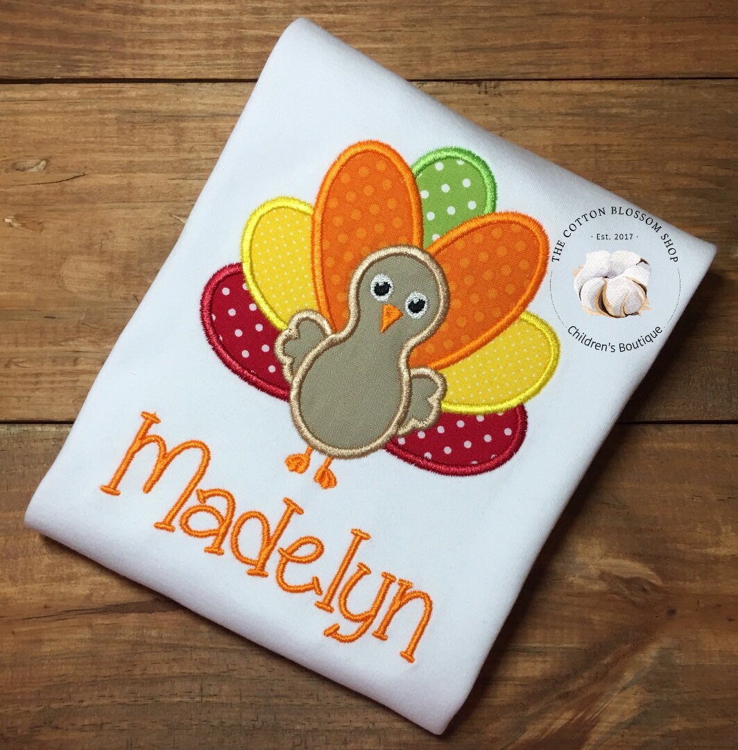 Girl's monogrammed Thanksgiving shirt, girls thanksgiving turkey shirt, monogrammed turkey shirt, thanksgiving outfit, applique turkey