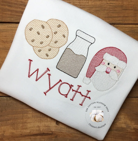 Milk and Cookies with Santa personalized christmas shirt- girls or boys Christmas Sketch Design Shirt
