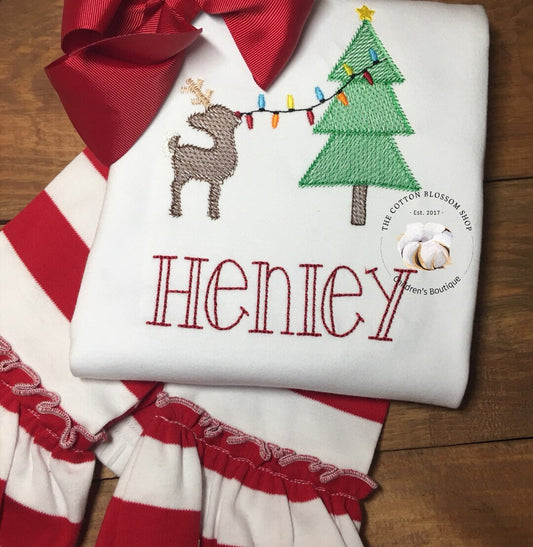 Reindeer Decorating Christmas Tree Shirt, reindeer christmas tree shirt, embroidered Christmas shirt, girl or boy