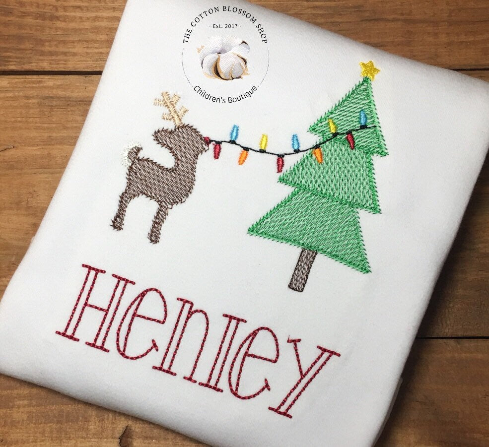 Reindeer Decorating Christmas Tree Shirt, reindeer christmas tree shirt, embroidered Christmas shirt, girl or boy