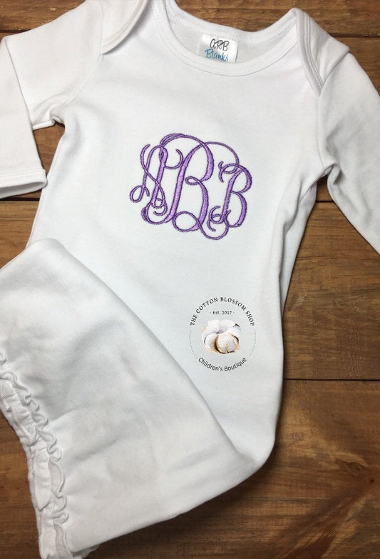 Baby Girls Coming Home Outfit, newborn coming home outfit, newborn clothes, boutique baby clothes, purple monogrammed ruffle baby gown