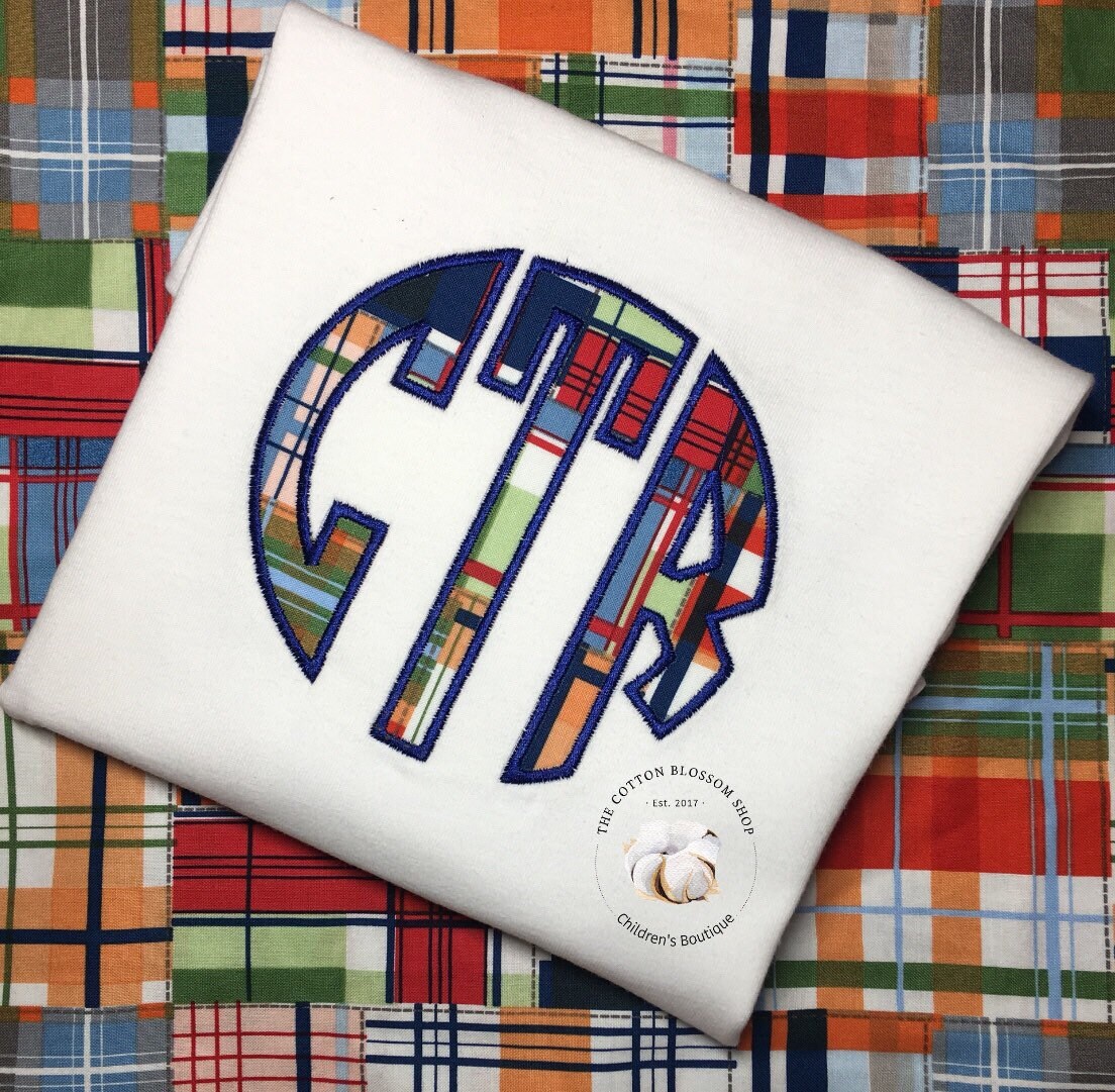 Boys madras plaid circle monogram shirt, boys applique monogrammed shirt, boys monogram shirt, applique monogram shirt, boys plaid monogram