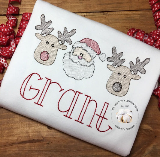 Rudolph Santa Reindeer Christmas Shirt, embroidered Christmas shirt, girls christmas shirt, boys christmas shirt, santa shirt,reindeer shirt