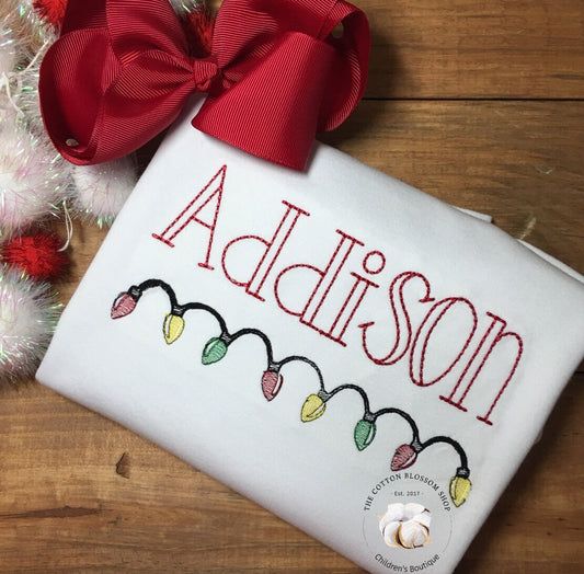 Girl's Christmas Monogrammed Shirt, Christmas Lights Monogrammed Shirt, christmas embroidered shirt, personalized name shirt