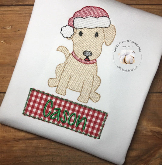 Boy's Christmas Shirt- Puppy Dog with Santa Hat, Cheistmas Dog shirt - Embroidered