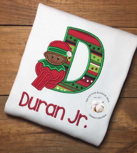 Boys Brown Skin Tone Elf Christmas shirt, personalized elf christmas shirt, boys Christmas elf christmas shirt,boys applique elf shirt