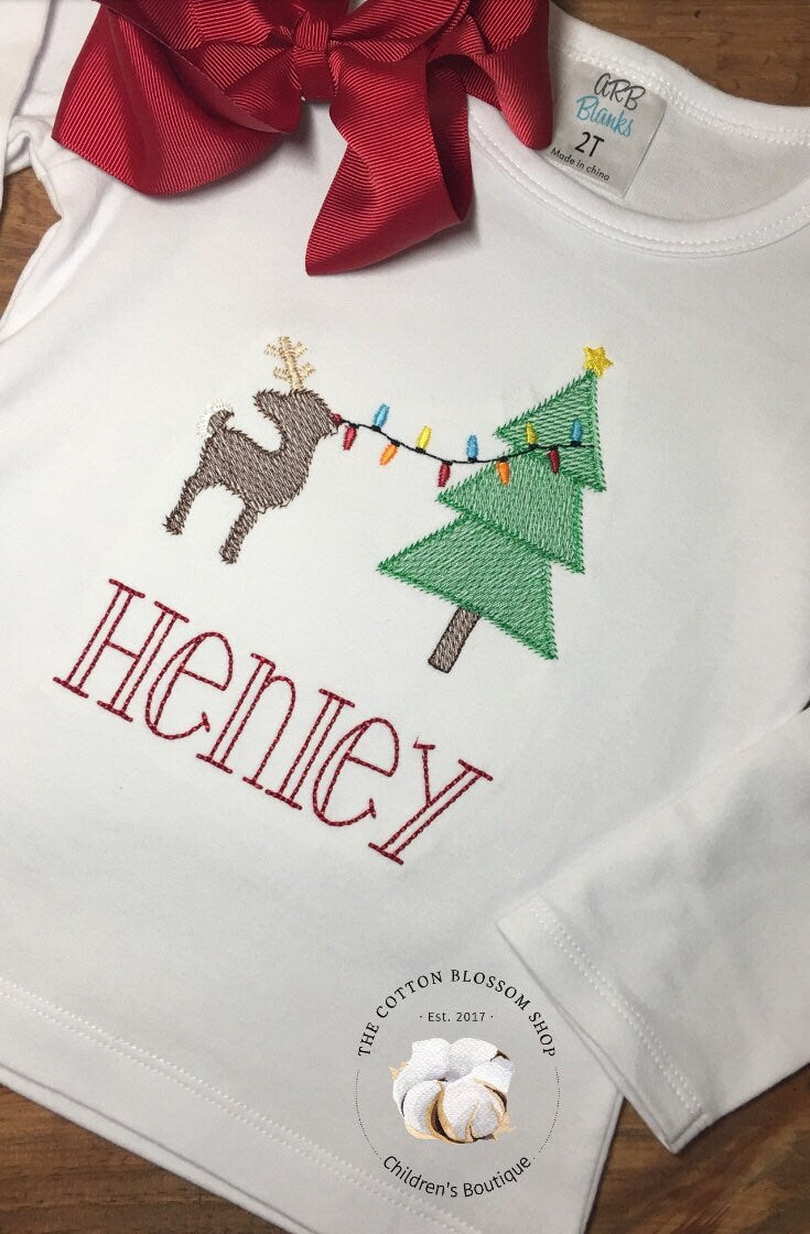 Reindeer Decorating Christmas Tree Shirt, reindeer christmas tree shirt, embroidered Christmas shirt, girl or boy