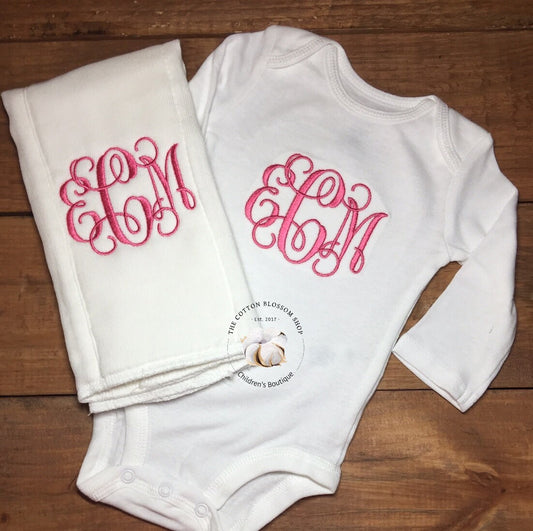 Monogrammed baby shower gift,  Baby girls bodysuit and burp cloth matching set, girls baby shower gift, monogrammed baby shower gift set