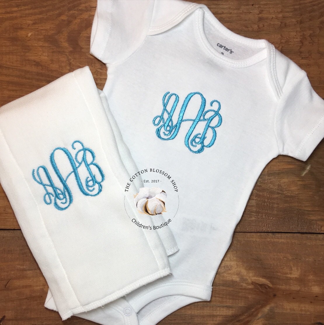 Monogrammed Baby girls bodysuit one piece and burp cloth matching set, baby shower gift, monogrammed baby shower gift set