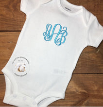 Load image into Gallery viewer, Monogrammed Baby girls bodysuit one piece, baby shower gift, monogrammed baby shower gift, monogrammed bodysuit, embrodiered