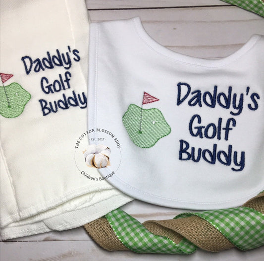 Baby boys Bib and burp cloth set, daddy's golf buddy bib, boys golf bib