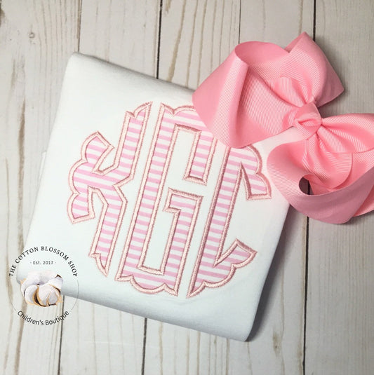 Girls pink seersucker monngrammed shirt, pink seersucker applique monogram shirt