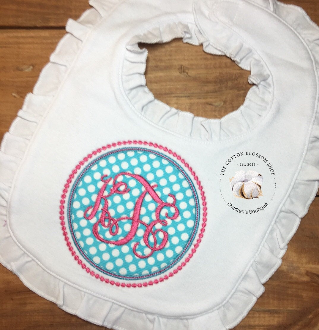 Baby Girls Applique Monogram Bib, applique girls bib, newborn monogrammed bib, fabric appliqued monogram bib, baby shower gift, baby bib