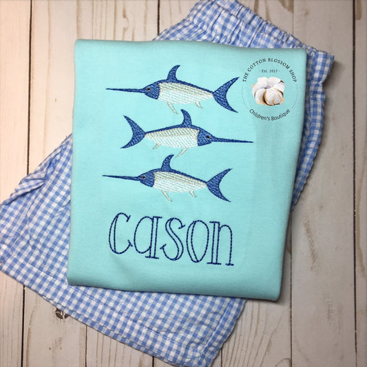 Boys appliqué swordfish shirt, boys personalized marlin shirt, aruba blue shirt, boys appliqué shirt, boys personalized sailfish shirt