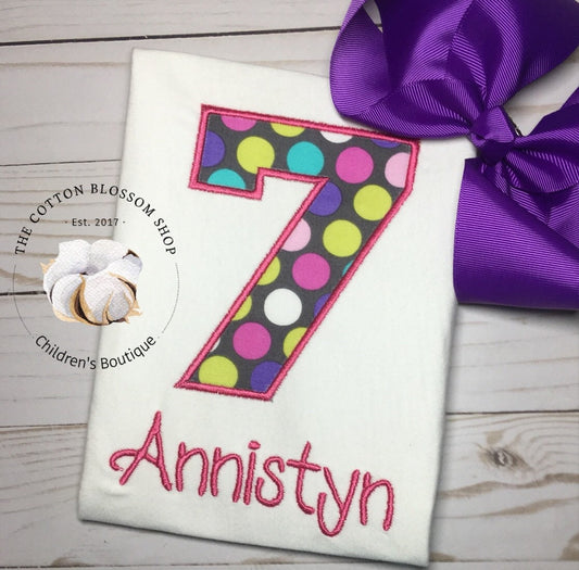 Girls pink and purple polka dot birthday shirt, polka dot birthday outfit, girls birthday shirt, 7th birthday shirt, number 7 shirt