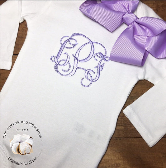 Baby girls monogrammed bodysuit, embroidered