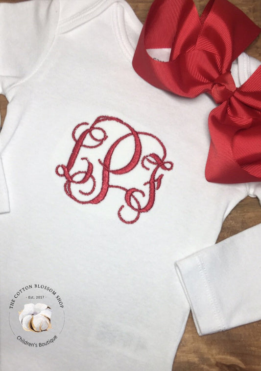 Baby girls monogrammed bodysuit, embroidered