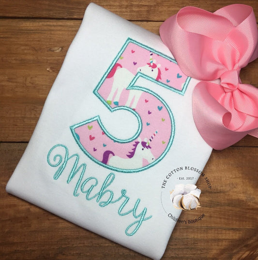 Unicorn 5th birthday shirt, unicorn shirt, unicorn applique birthday shirt, unicorn embroidered birthday shirt, unicorn 5th birthday shirt