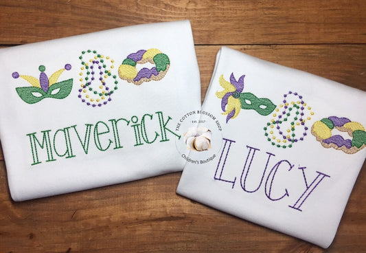 Brother and sister matching Mardi Gras personalized embroidered shirts