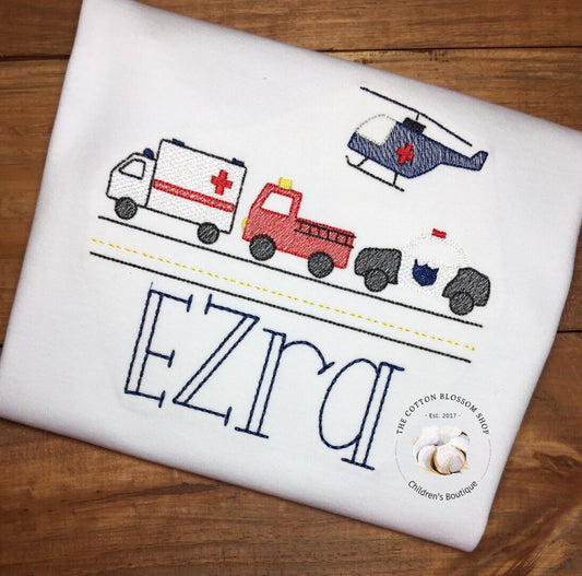 boys emergency vehicles shirt, personalized emergency vehicles shirt, embroidered shirt, ambulance, firetruck, police car, helicopter