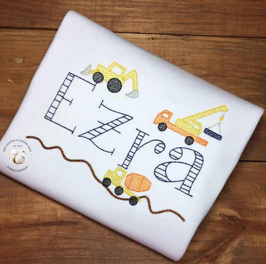 boys construction trucks shirt, personalized construction trucks shirt, embroidered shirt, dumptruck, crane, bulldozer