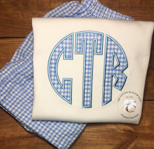 Boys monogrammed shirt and shirts set, gingham shorts, applique shirt, boys monogrammed gingham outfit - light blue