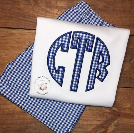 Boys monogrammed shirt and shirts set, gingham shorts, applique shirt, boys monogrammed gingham outfit - blue gingham