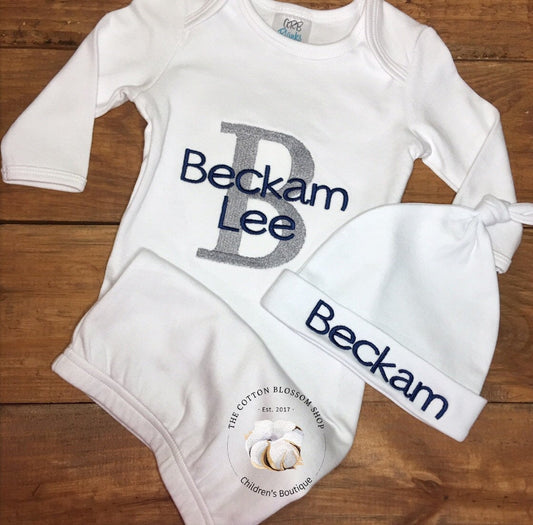 Baby boys coming home outfit- boys monogrammed baby shower gift - boys personalized name gown- monogrammed baby gown, baby hat