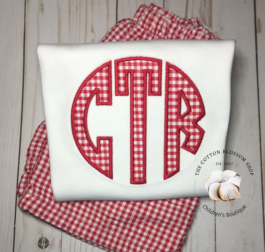 Boys monogrammed shirt and shirts set, gingham shorts, applique shirt, boys monogrammed gingham outfit - red gingham