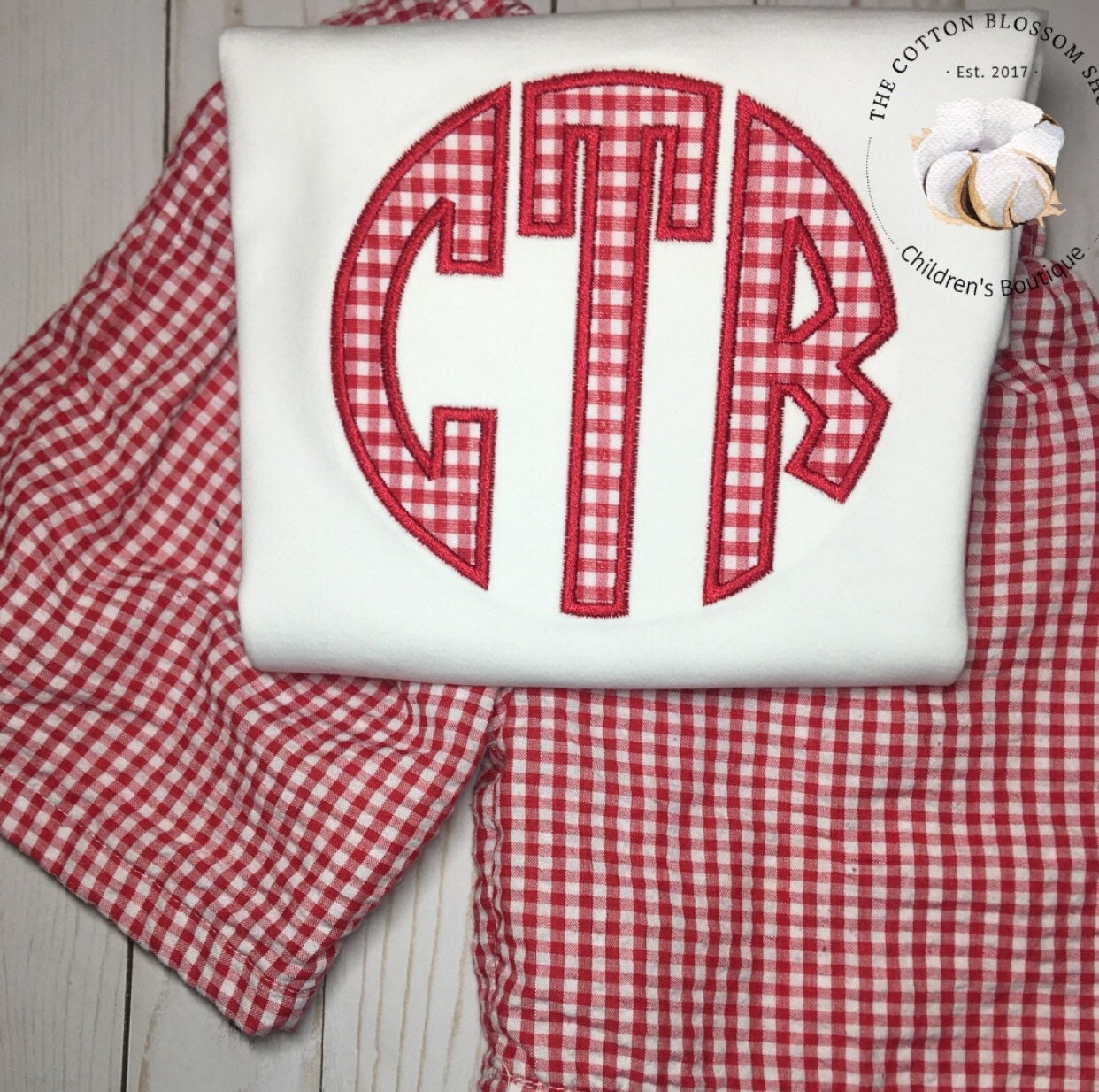 Boys monogrammed shirt and shirts set, gingham shorts, applique shirt, boys monogrammed gingham outfit - red gingham