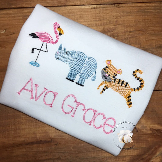 Girls zoo animals embroidered personalized shirt