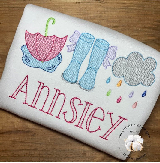 Girls umbrella and rain boots, rainy day embroidered personalized shirt