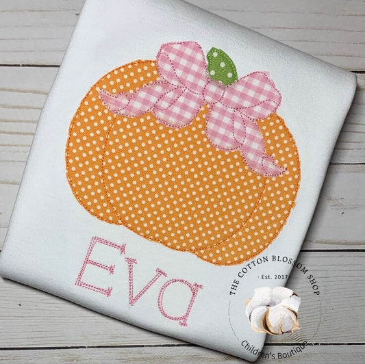 Girls monogrammed Pumpkin shirt, pink gingham bow pumpkin, applique pumpkin monogram shirt, girls halloween shirt, toddler halloween shirt