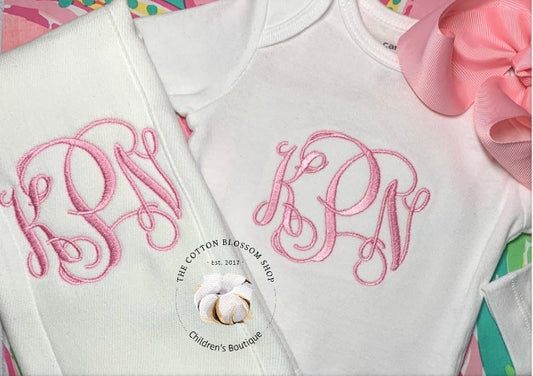 Monogrammed baby shower gift, Baby girls bodysuit and burp cloth matching set, girls baby shower gift, monogrammed baby shower gift set