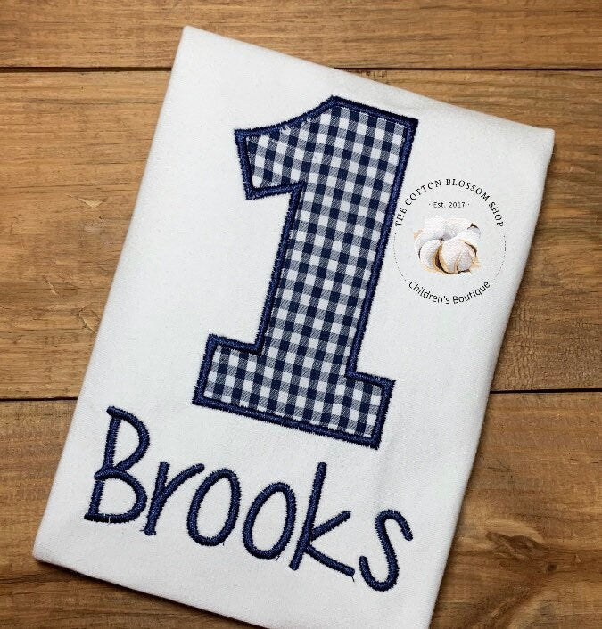 Boys Navy Blue and White gingham birthday shirt, boys first birthday shirt, boys navy blue birthday shirt, 1st birthday shirt, applique shir