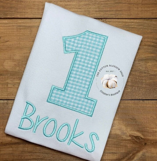 Boys blue and white sersucker gingham birthday shirt, boys second birthday shirt, boys blue birthday shirt, 2nd birthday shirt, applique