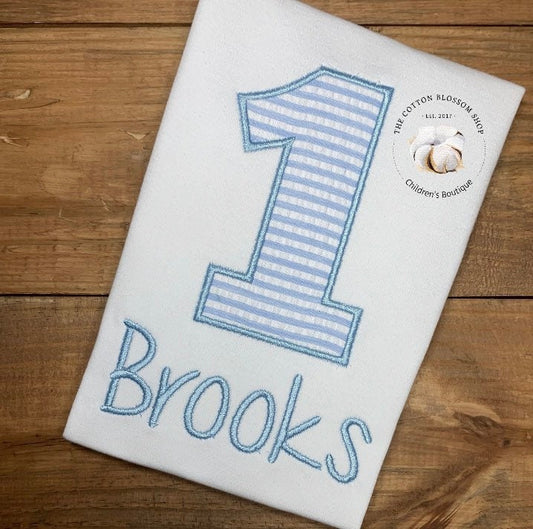 Boys blue and white sersucker gingham birthday shirt, boys second birthday shirt, boys blue birthday shirt, 2nd birthday shirt, applique