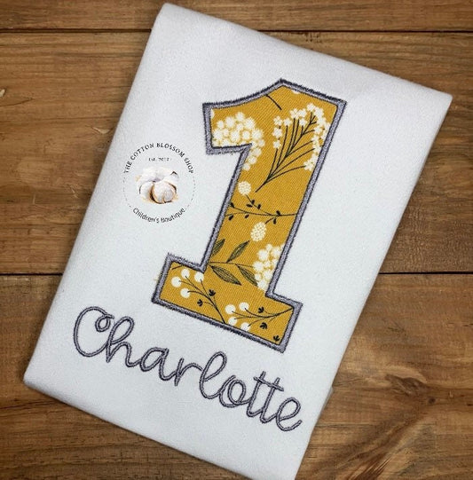 Girls yellow floral birthday shirt, 1st birthday flowers floral birthday outfit, girls birthday shirt, yellow birthday shirt, applique shirt