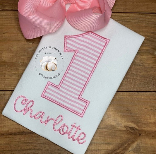 Girls pink seersucker birthday shirt, first birthday shirt