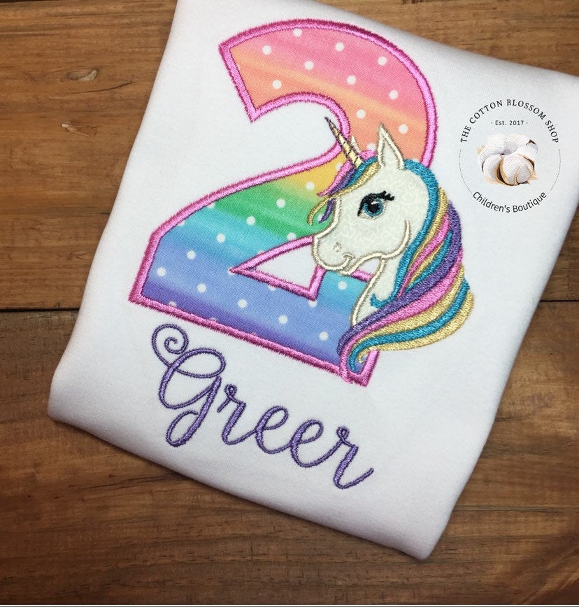 2nd Birthday Rainbow Unicorn Birthday applique Shirt, two, 2nd birthday, unicorn birthday shirt