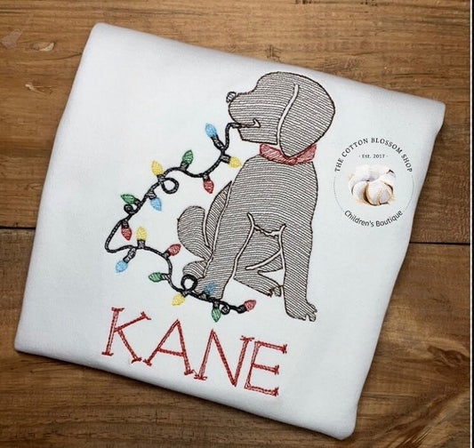 Boy's Christmas Shirt- Puppy Dog with Christmas Lights - Embroidered shirt, black lab
