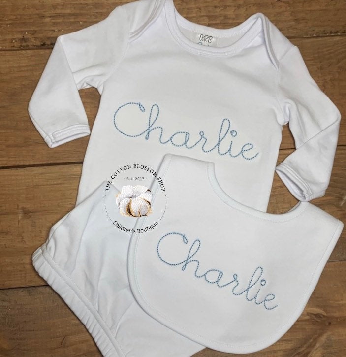 Baby boys coming home outfit- boys monogrammed baby shower gift - boys personalized name gown- monogrammed baby gown, baby bib