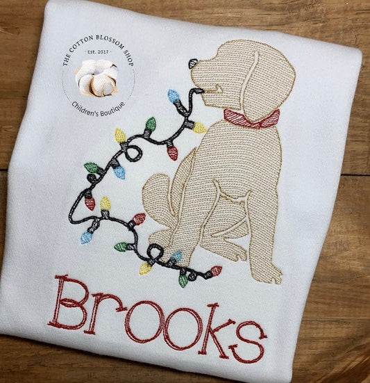 Boy's Christmas Shirt- Puppy Dog with Christmas Lights - Embroidered