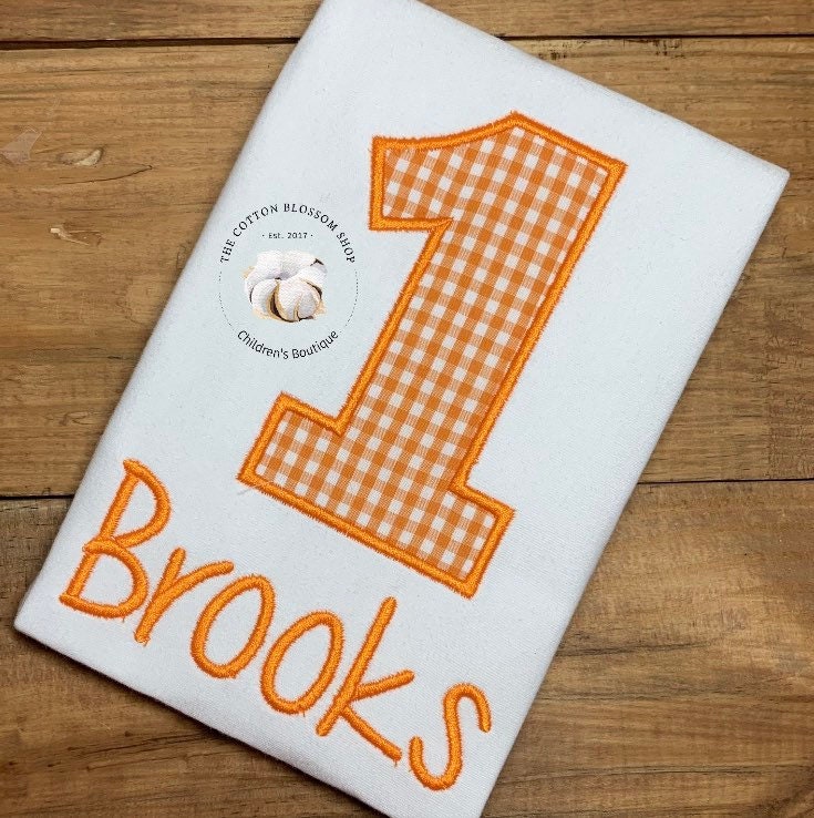 Boys Orange and White gingham birthday shirt, boys first birthday shirt, boys orange birthday shirt, 1st birthday shirt, applique shirt
