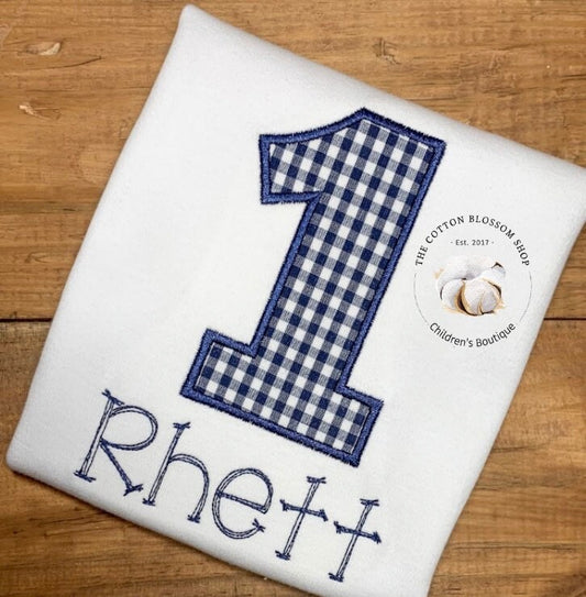 Boys Navy Blue and White gingham birthday shirt, boys first birthday shirt, boys navy blue birthday shirt, 1st birthday shirt, applique shir