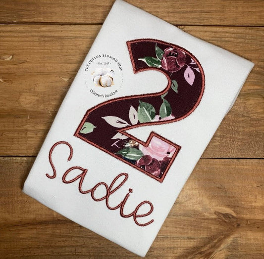 Girls burgundy fall floral birthday shirt, 1st birthday flowers floral birthday outfit, girls birthday shirt, fall birthday shirt, appliqu